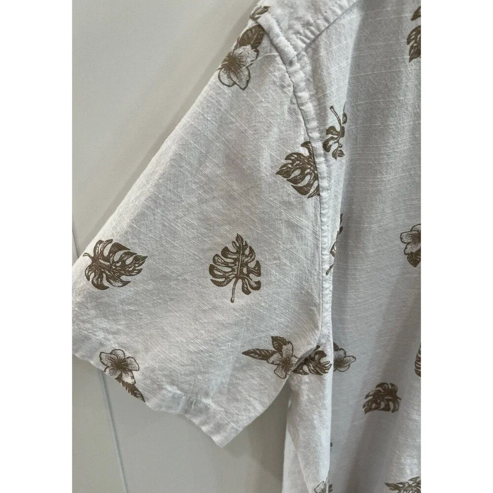 Hurley Men's Tropical Hawaiian Button Up Shirt White Brown Leaf Floral L